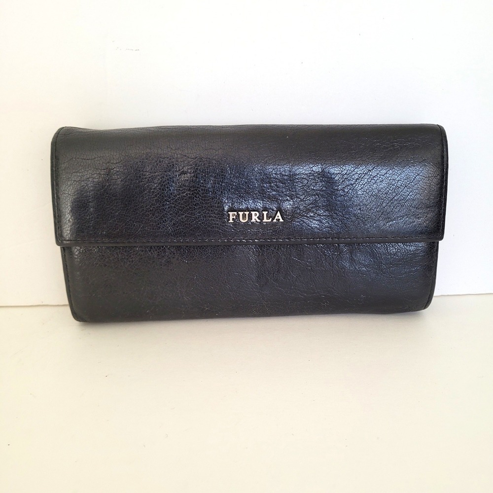 Furla Black Genuine‎ Leather Long Continental Wallet Snap Flap Logo Wallet